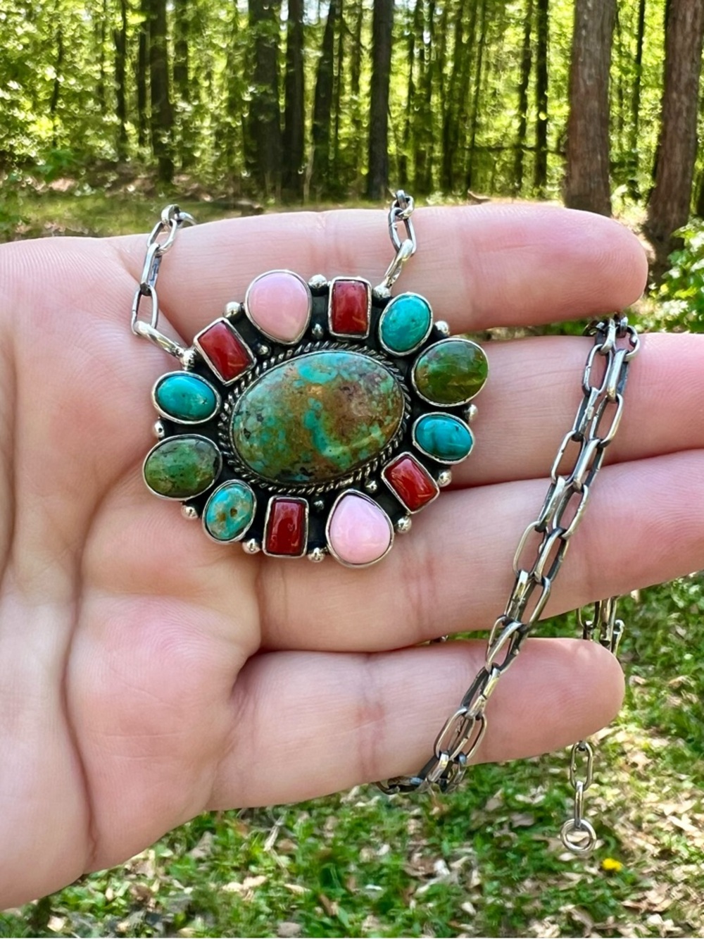 925 Sterling Silver Multi Stone Cluster Necklace Turquoise, Pink Conch, Coral - Picture 4 of 13